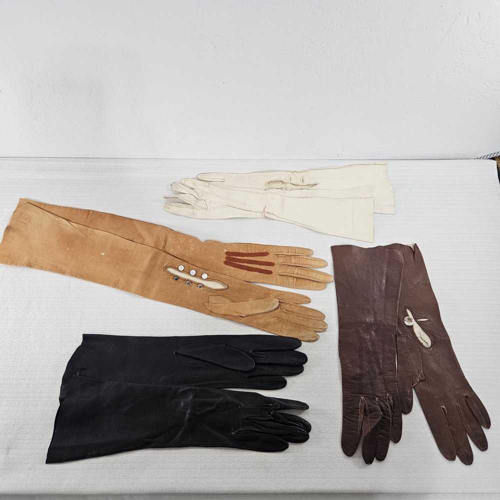 Vintage Leather Opera Gloves Lot 4 Pairs Black Brown Tan Cream Long Formal READ